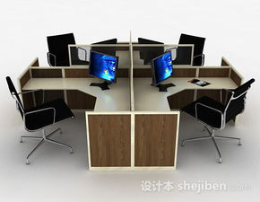 棕色木质办公桌椅组合3d模型下载