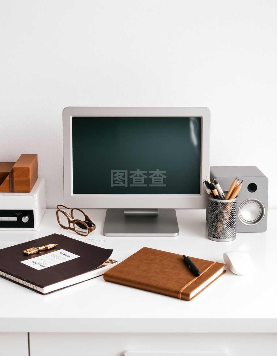 电脑和带办公用品的棕色笔记本